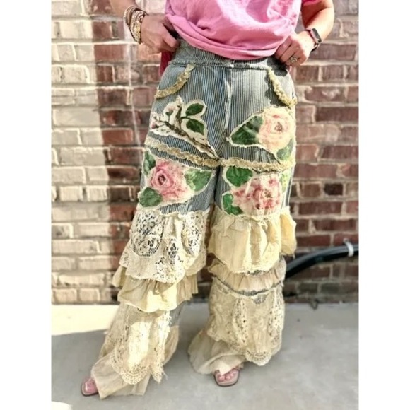 A Rare Bird Pants - A Rare Bird Floral Applique Lace Ruffle Tiered Wide Leg Pants Blue Cream